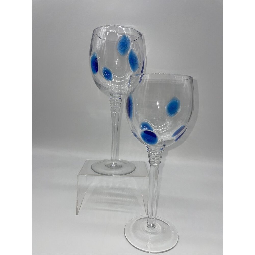 Stephen Kramer for Vietri Wine Glasses Italy Blue Swirl Dot Goblet Mouth Blown